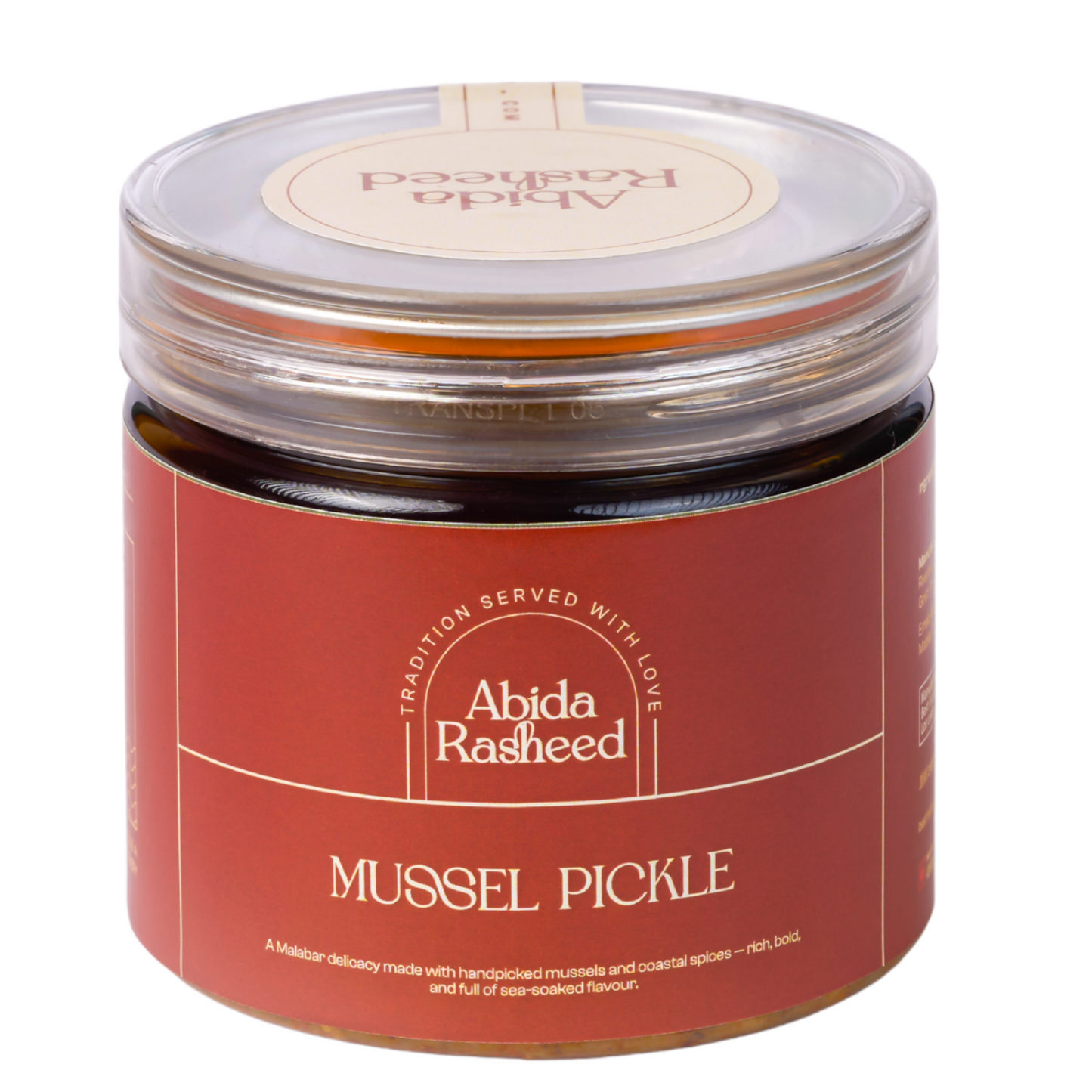Jar of Abida Rasheed Mussel Pickle with a red label on a white background