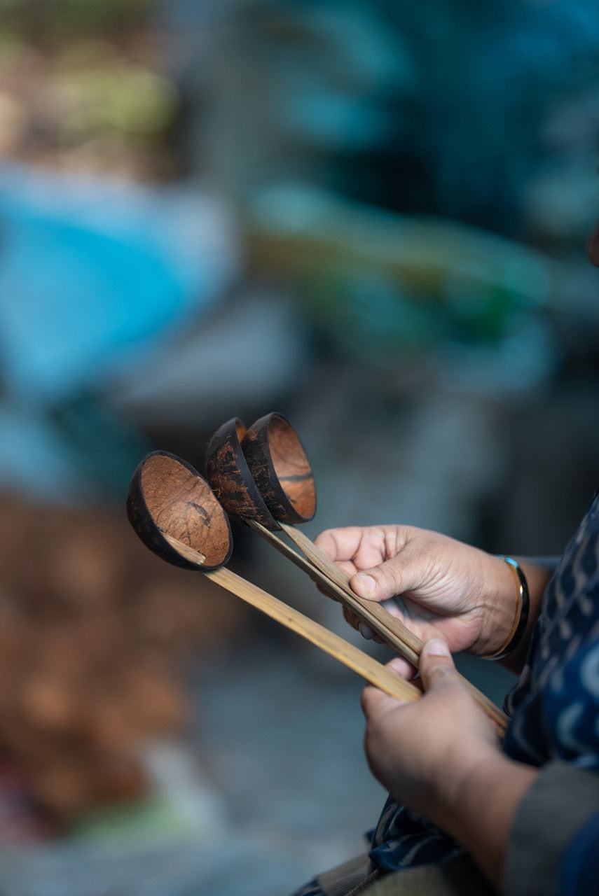Handmade Coconut Shell Kitchen Spoon | Kerala Traditional Chiratta Thavi |Bamboo Shell Ladle With Long Handle