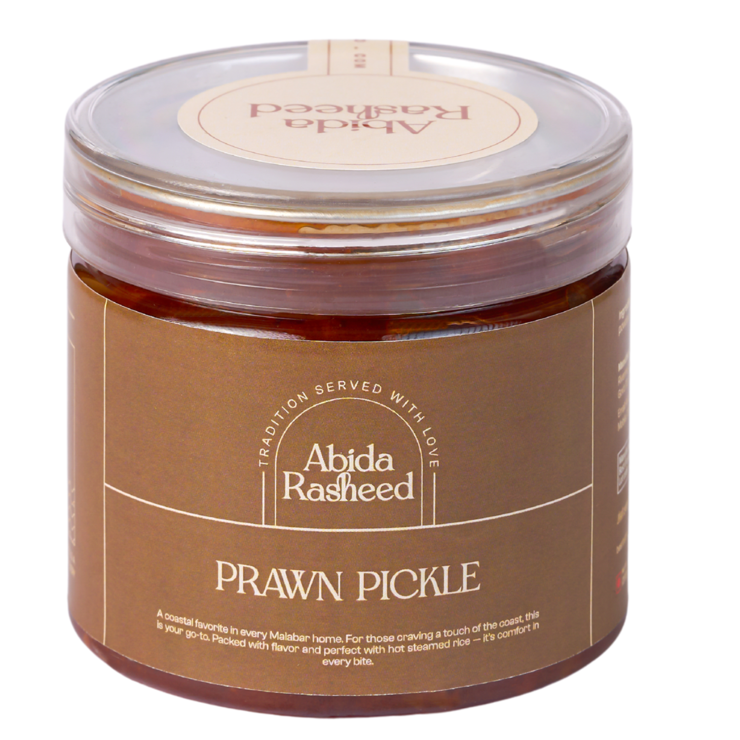 Jar of Abida Rasheed Prawn Pickle on a white background