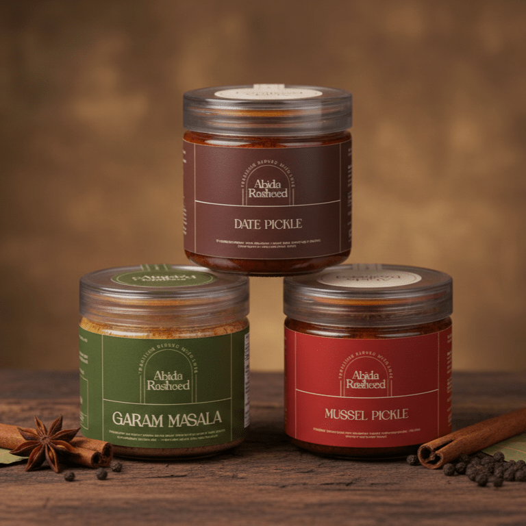 Abida Rasheed Home - Made Pickle & Masala Combo | Garam Masala 70g | Mussel Pickle 200g | Date Pickle 200g - Abida Rasheed