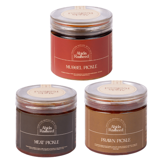 Abida Rasheed's Home - Made Special Mixed Pickles Combo | Prawn Pickle (200g) | Buffalo Meat Pickle (200g) | Mussel Pickle (200g) - Abida Rasheed