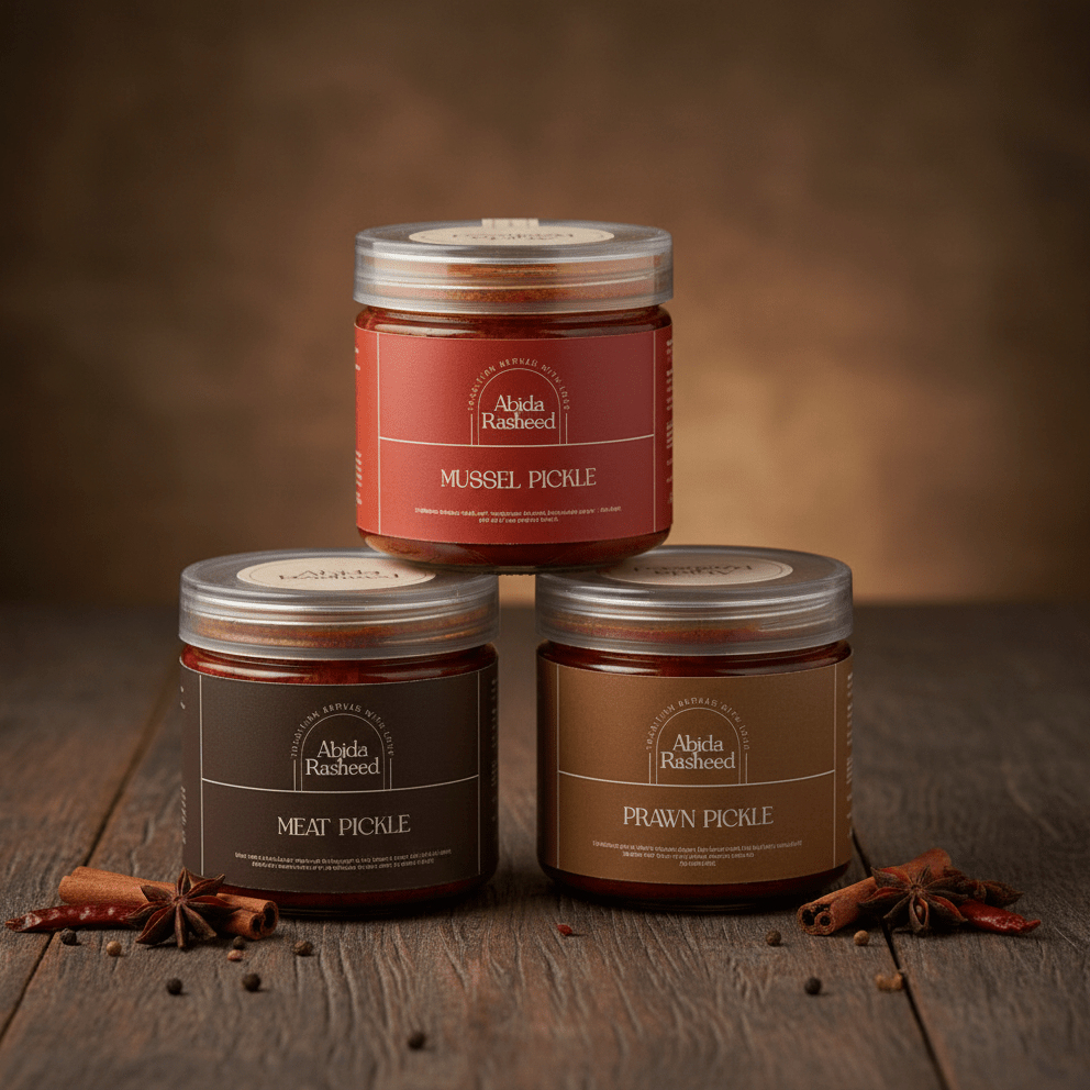 Abida Rasheed's Home - Made Special Mixed Pickles Combo | Prawn Pickle (200g) | Buffalo Meat Pickle (200g) | Mussel Pickle (200g) - Abida Rasheed