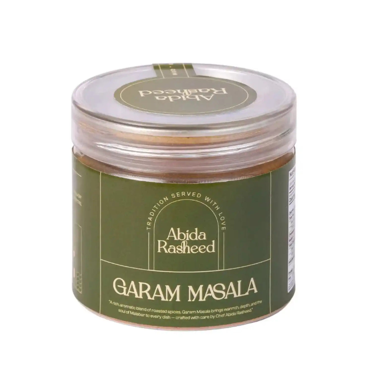 A 70g jar of Abida Rasheed premium Kerala Garam Masala and Biriyani Masala powder on a solid white background.   