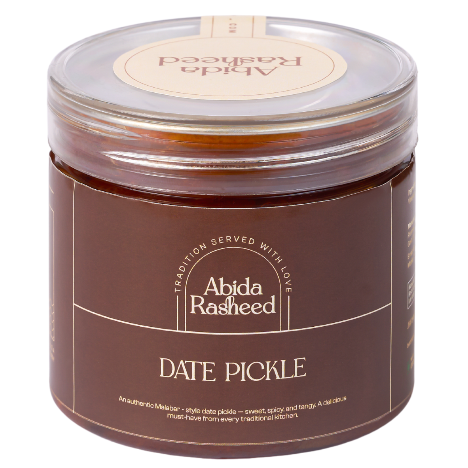 Jar of Abida Rasheed Date Pickle on a white background