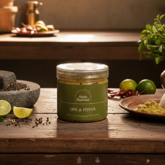Jar of 'Lime & Pepper' on a wooden table with limes and spices in the background