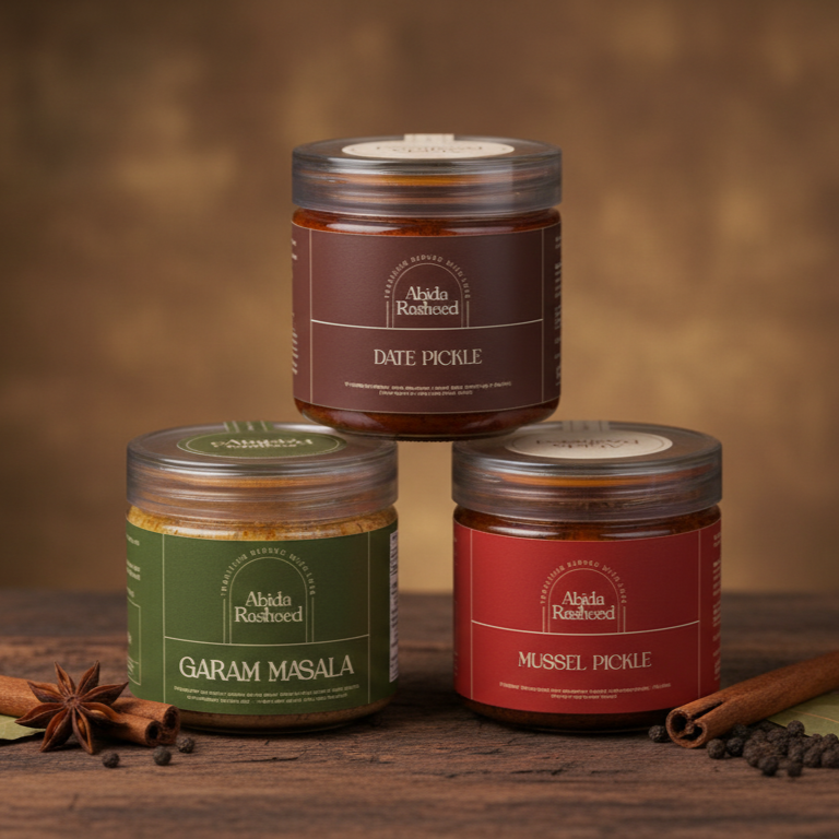 Abida Rasheed Home-Made Pickle & Masala Combo | Garam Masala 75g | Mussel Pickle 200g | Date Pickle 200g