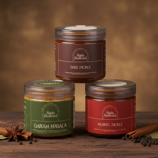 Abida Rasheed Home-Made Pickle & Masala Combo | Garam Masala 75g | Mussel Pickle 200g | Date Pickle 200g