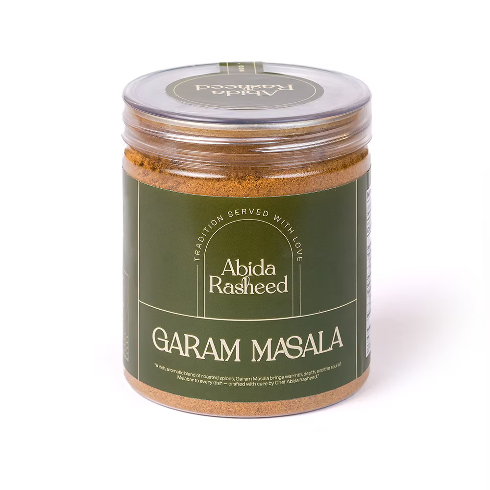Jar of Abida Rasheed Garam Masala on a white background