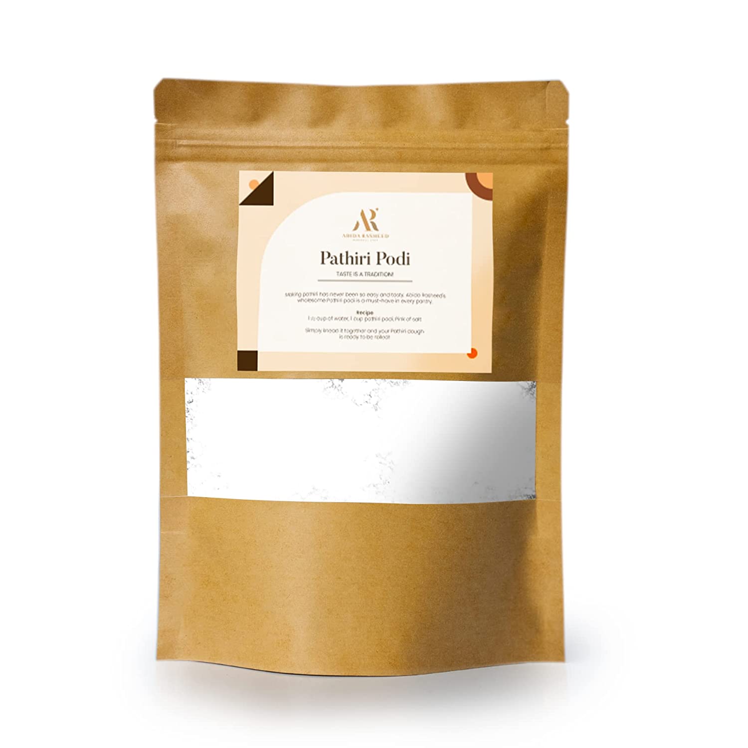 A standup pouch packaging of Abida Rasheed Rice Flour Pathiri Podi with a label showing the brand and product name.