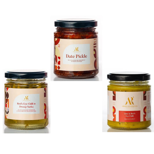 Veg Pickle Combo | Dates Pickle (200g) | Lime and Birds Eye Chilly Pickle (200g) | Birds Eye Chilly in Dweep Surka (200g)